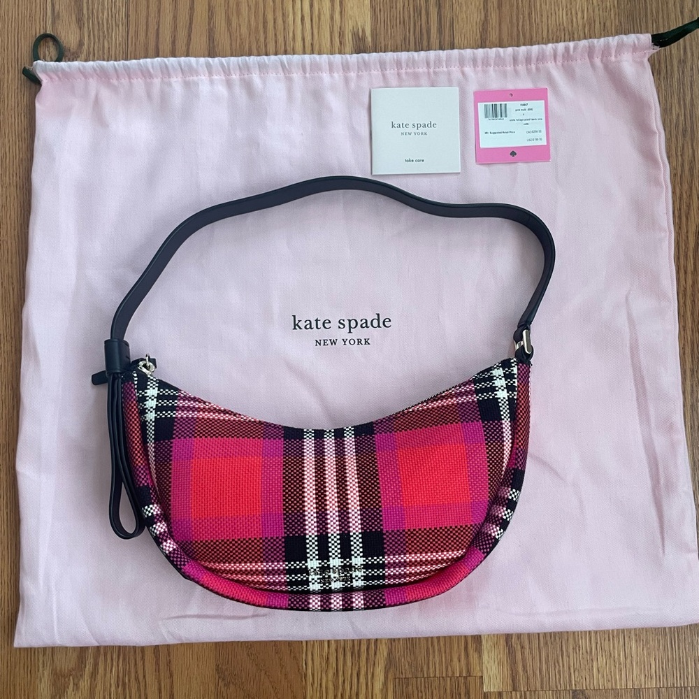 Kate Spade Smile Foliage Plaid Small Shoulder Bag Pink Multi NWT
